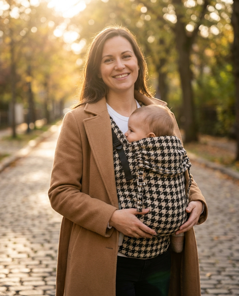 Mother wearing large-scale houndstooth ergonomic baby carrier outdoors