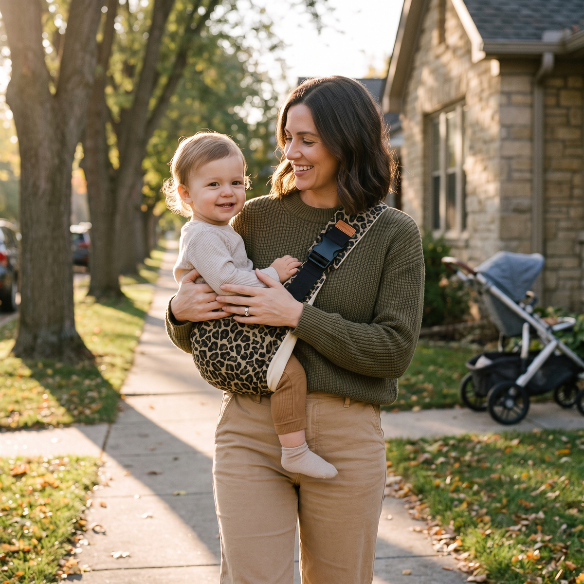 A woman carrying a baby in a leopard-print baby carrier on her chest, walking on a sunny suburban sidewalk.