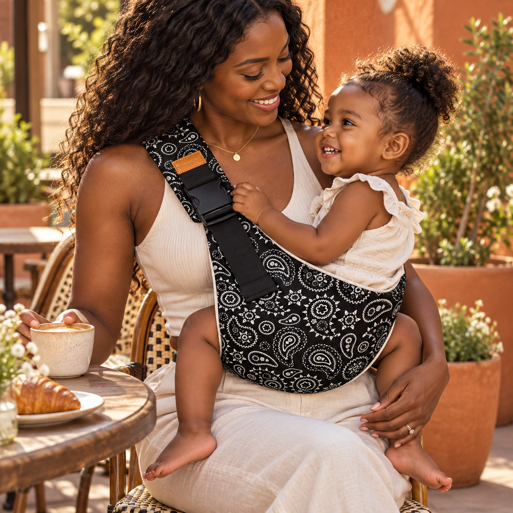 Black mother and toddler using the Black Paisley baby sling at an outdoor cafe