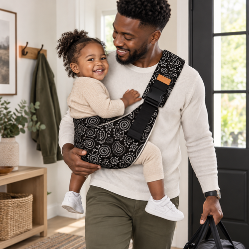Black father carrying toddler in the Black Paisley baby sling at home