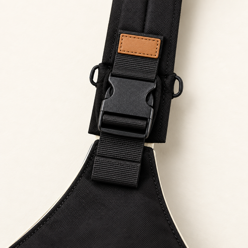 Close-up of black woven sling fabric, adjustable webbing and buckle