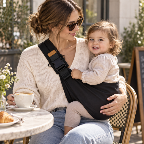 Mother and toddler with the Black Baby Sling at an outdoor cafe