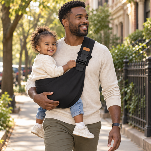 Father carrying toddler in the Black Baby Sling outdoors