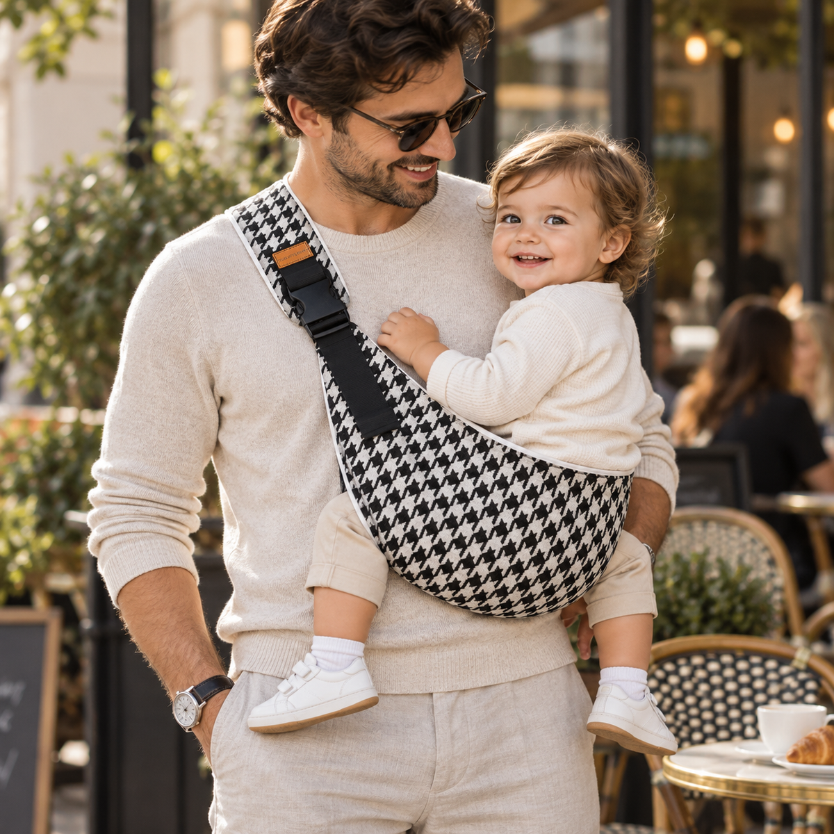 Father wearing Check Print Baby Sling Carrier outdoors