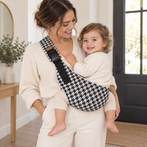 Mother wearing Check Print Baby Sling Carrier at home