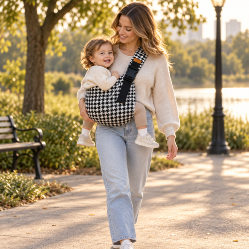 Parent wearing Check Print Baby Sling Carrier in park
