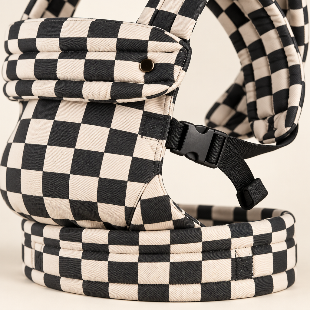 Close-up of buckle, waistband and checkerboard fabric on the Née carrier