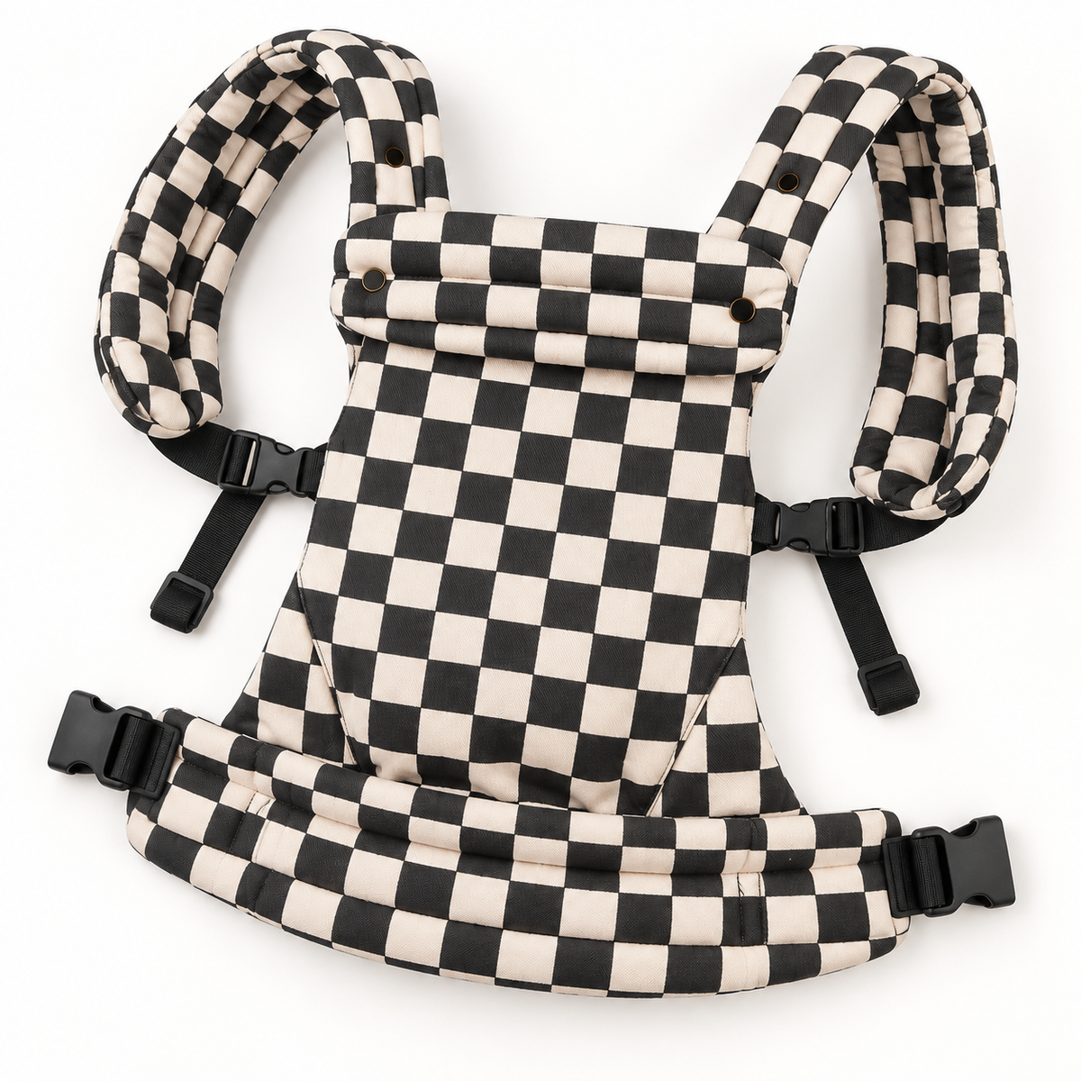 Née Checkerboard baby carrier opened to show straps and padded waistband