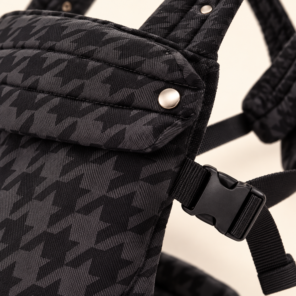 Denim Check baby carrier fabric, snap, buckle, and stitching detail