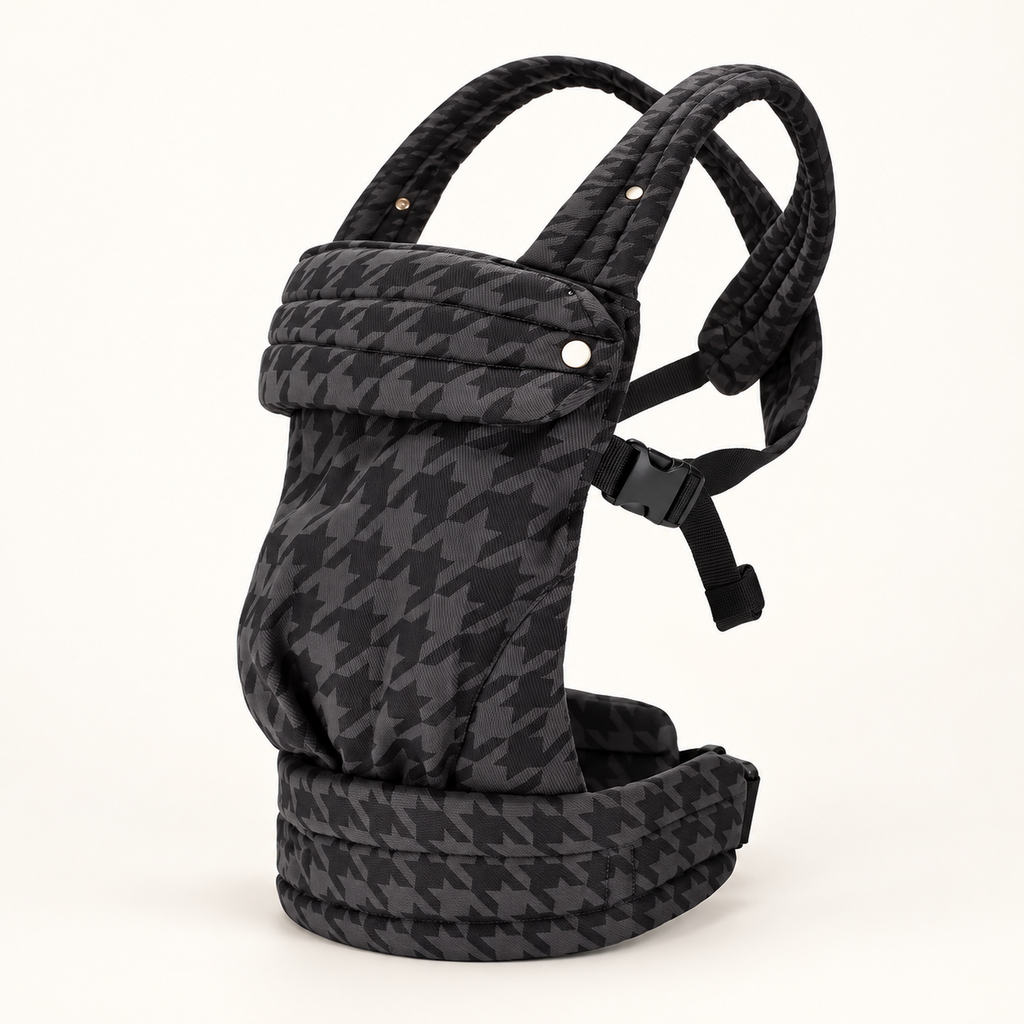 Denim Check ergonomic baby carrier in dark charcoal tonal check, studio product view