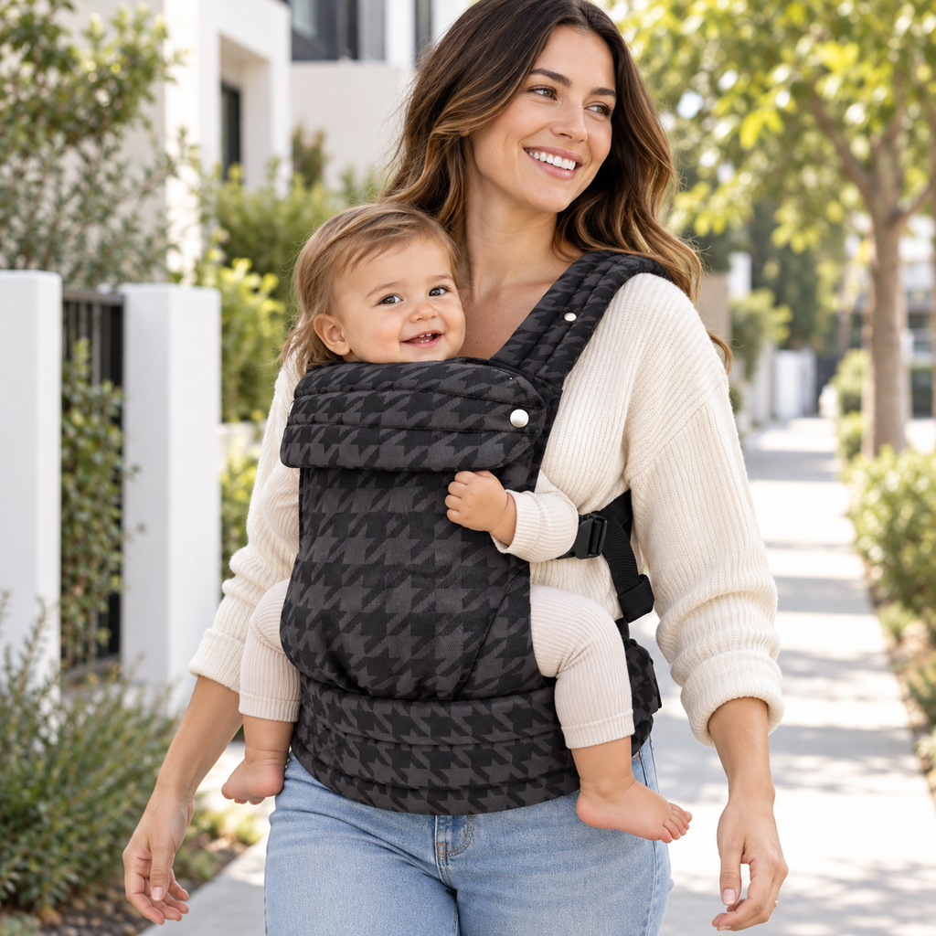 Mother wearing the Denim Check ergonomic baby carrier in a front inward carry