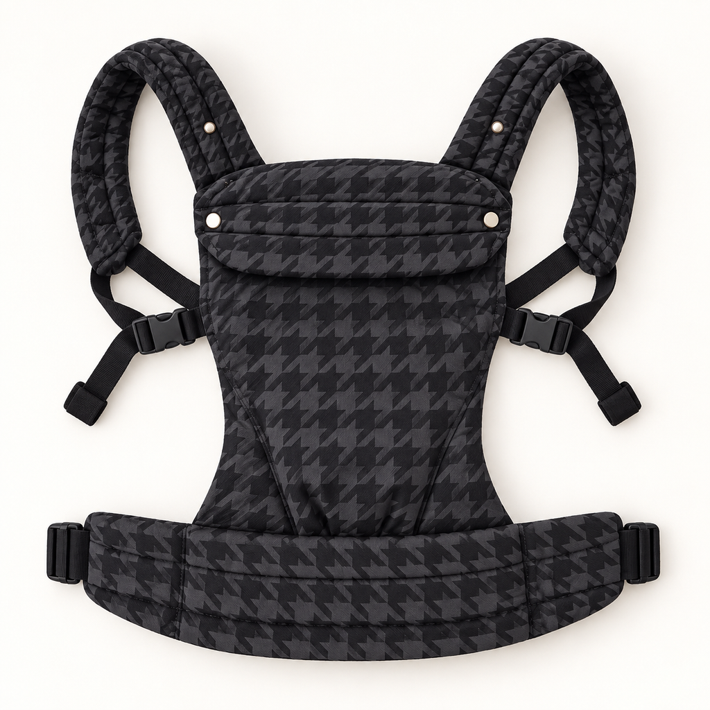Denim Check ergonomic baby carrier open construction view