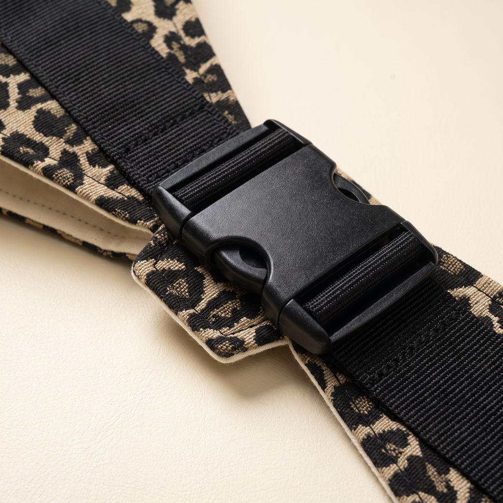 Close-up of black buckle and woven golden leopard sling fabric