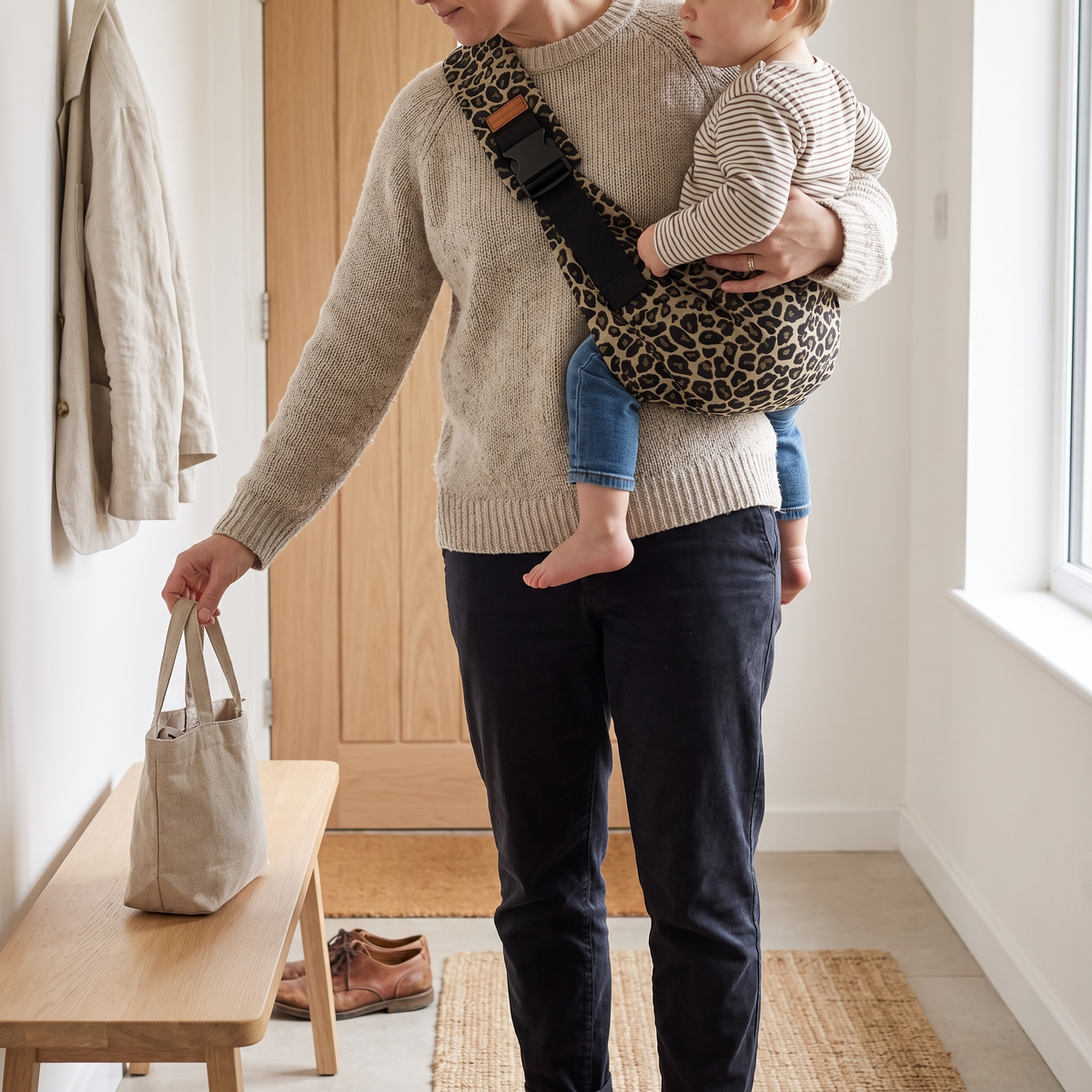 Parent using golden leopard toddler sling in a bright entryway