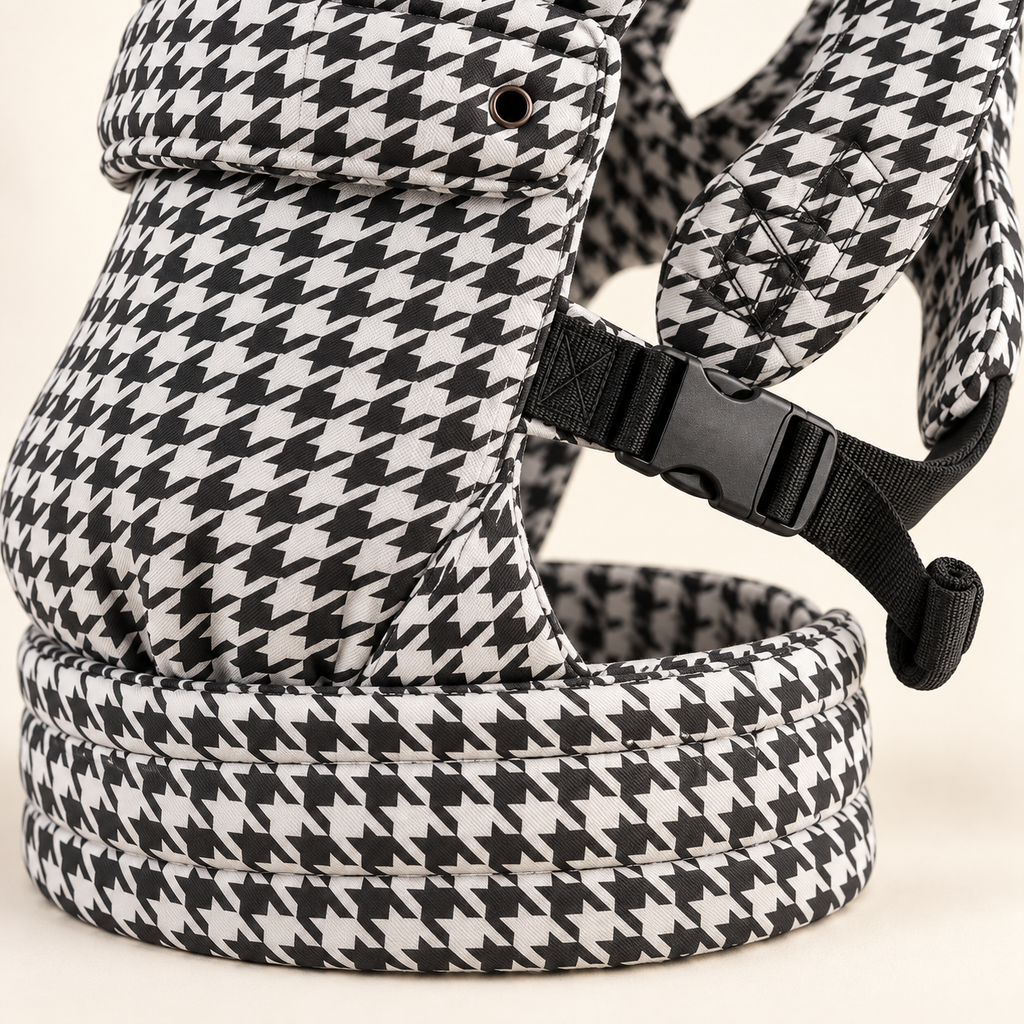 Close-up of buckle, waistband and houndstooth fabric on the Née carrier