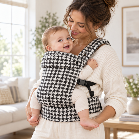 Mother carrying infant in the Grand Houndstooth baby carrier at home
