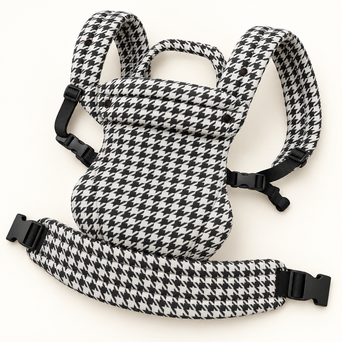 Grand Houndstooth baby carrier opened to show straps and padded waistband