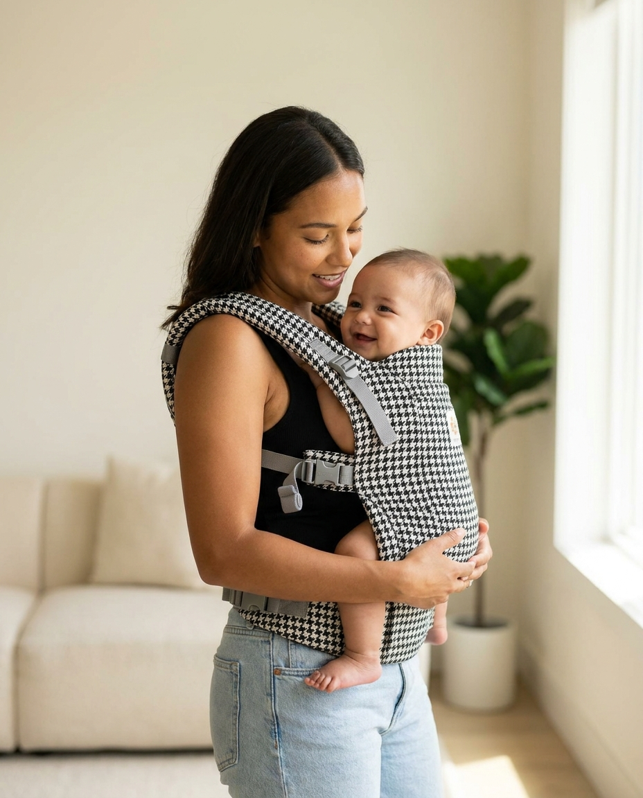 Close up of black and white houndstooth baby carrier fabric and buckles