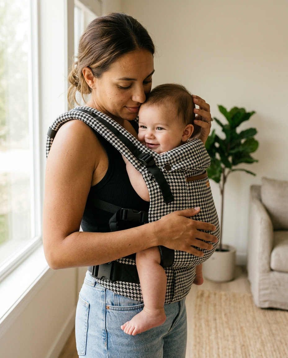 Newborn to toddler black houndstooth baby carrier lifestyle photo
