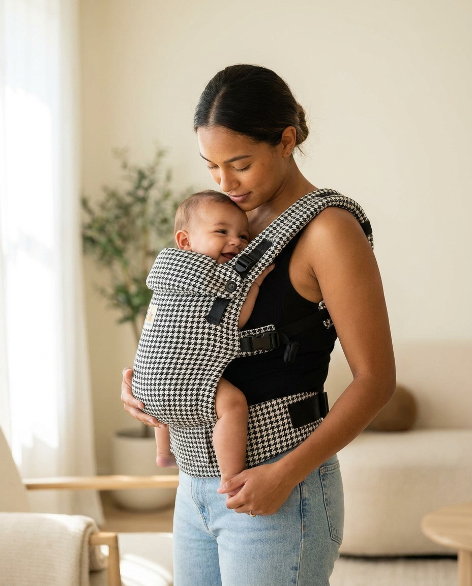 Mother babywearing in black houndstooth soft structured carrier at home