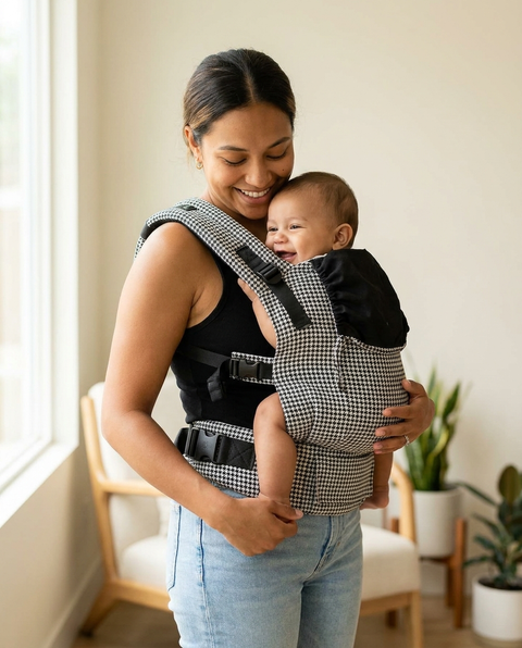 Mother wearing black houndstooth ergonomic baby carrier with baby facing inward