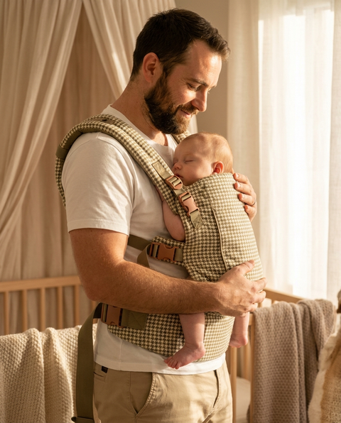 Father wearing khaki houndstooth ergonomic baby carrier with baby facing inward