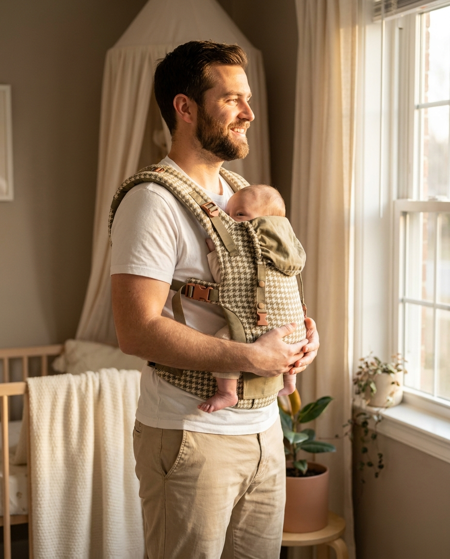Father babywearing in khaki houndstooth soft structured carrier at home