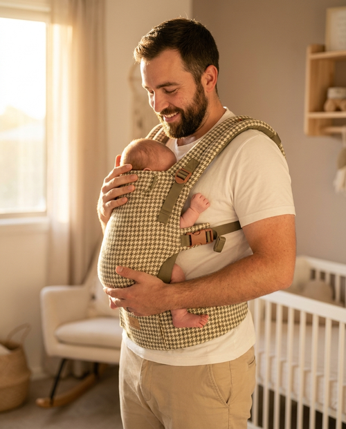 Close up of khaki and cream houndstooth baby carrier fabric and buckles