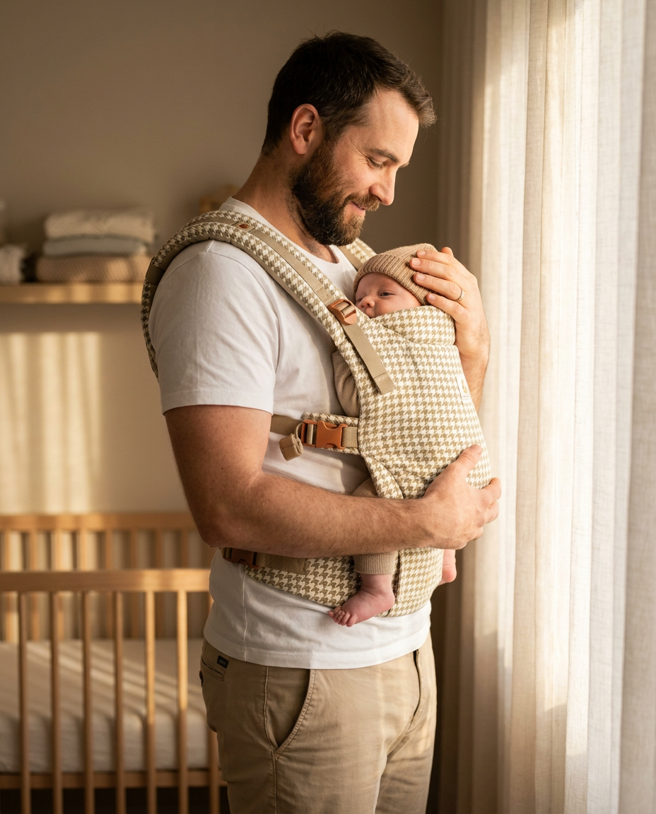 Newborn to toddler khaki houndstooth baby carrier lifestyle photo
