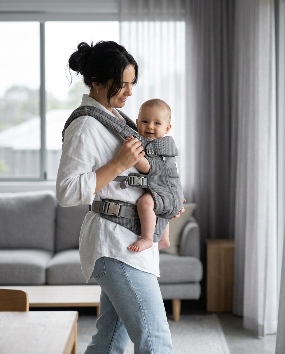 Newborn to toddler gray houndstooth baby carrier lifestyle photo