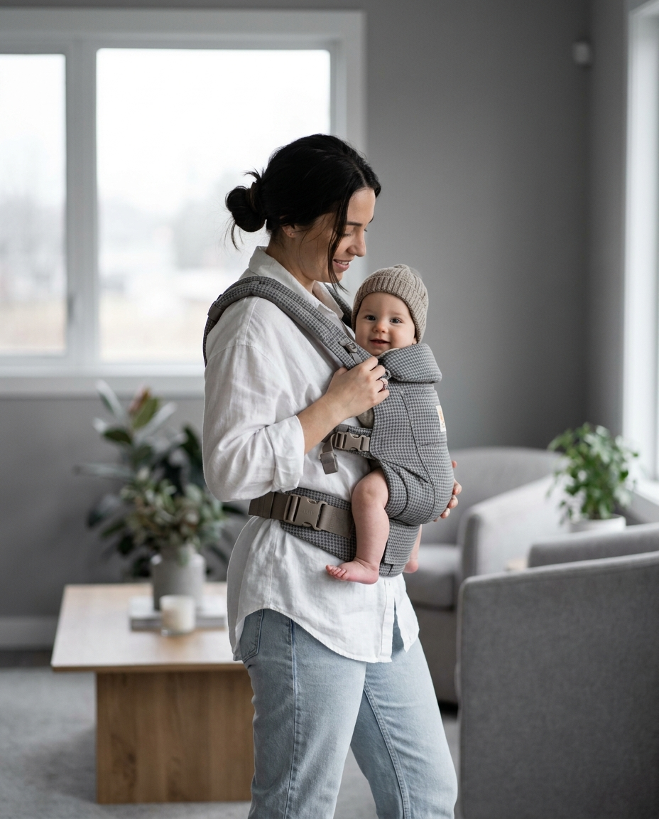 Mother wearing gray houndstooth ergonomic baby carrier with baby facing outward