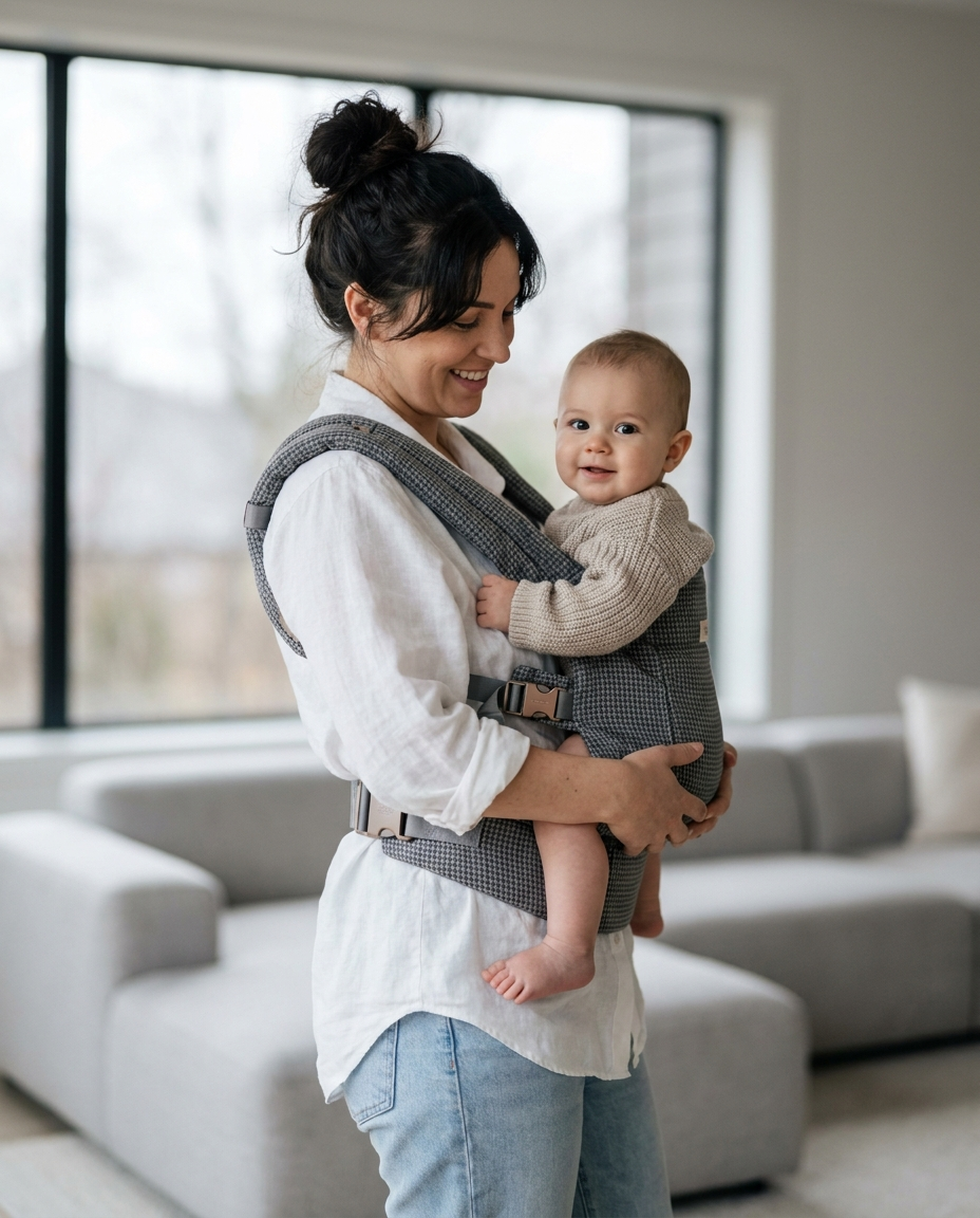 Mother babywearing in gray houndstooth soft structured carrier at home