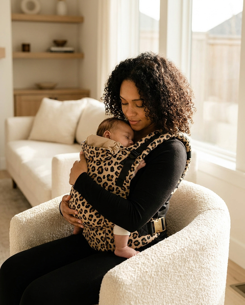 Mother wearing leopard print ergonomic baby carrier with sleeping baby