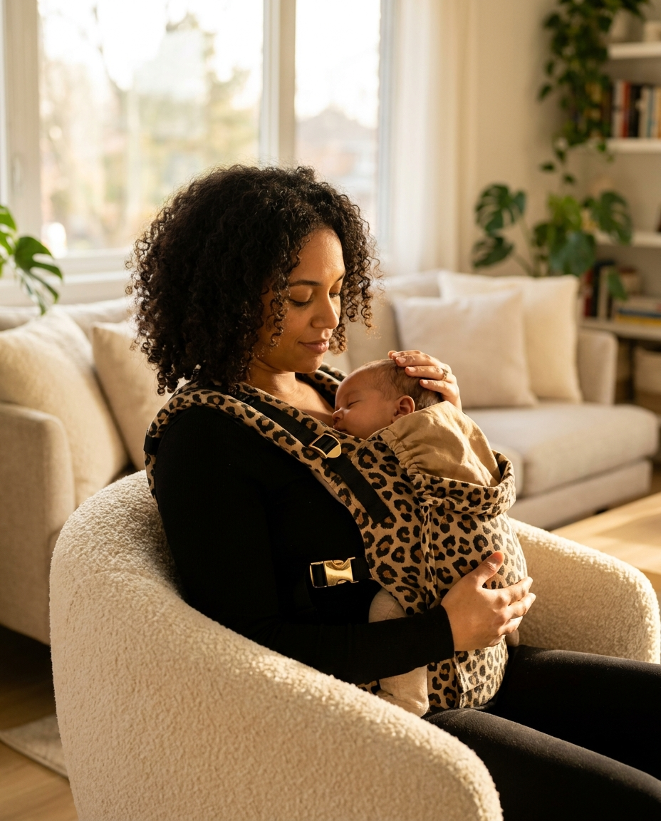 Newborn to toddler leopard print baby carrier lifestyle photo