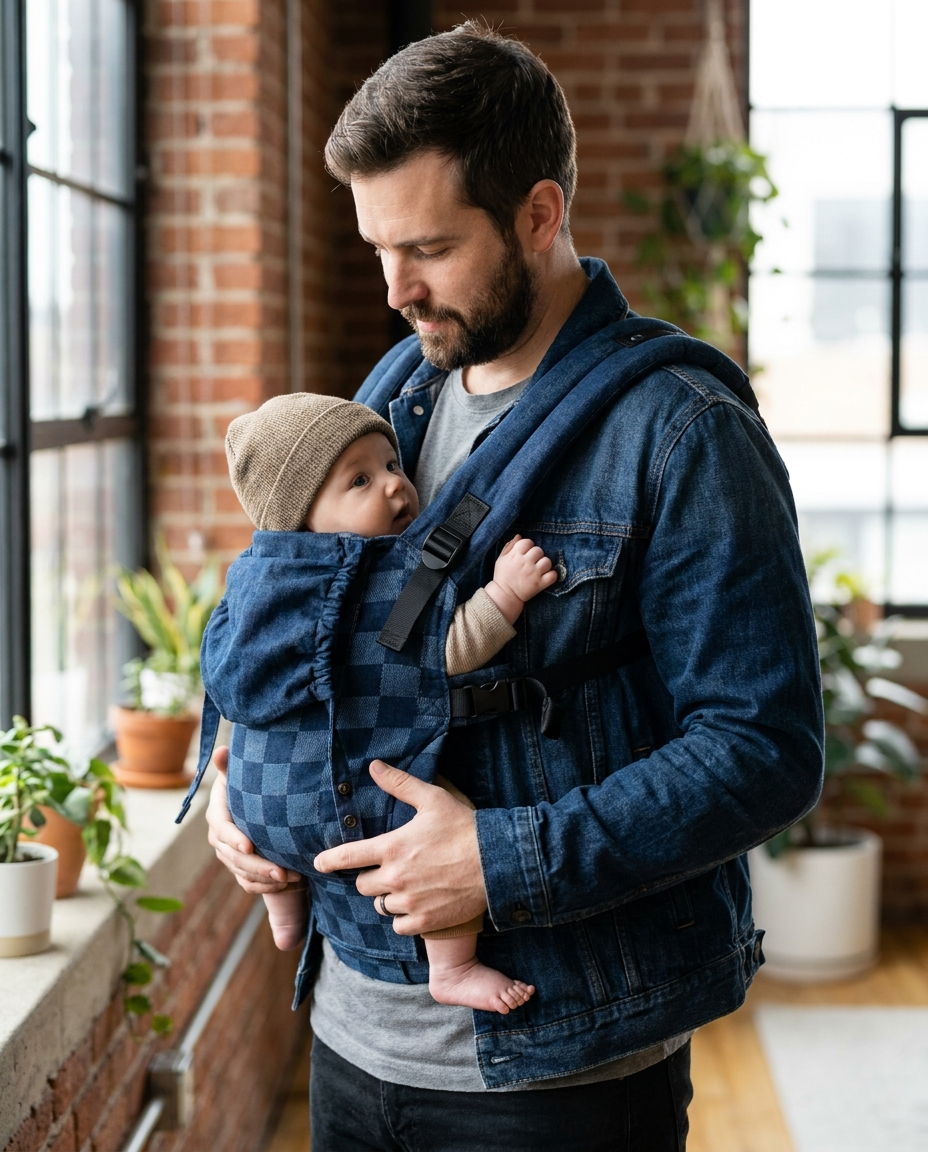 Father babywearing in draught board soft structured carrier in urban setting