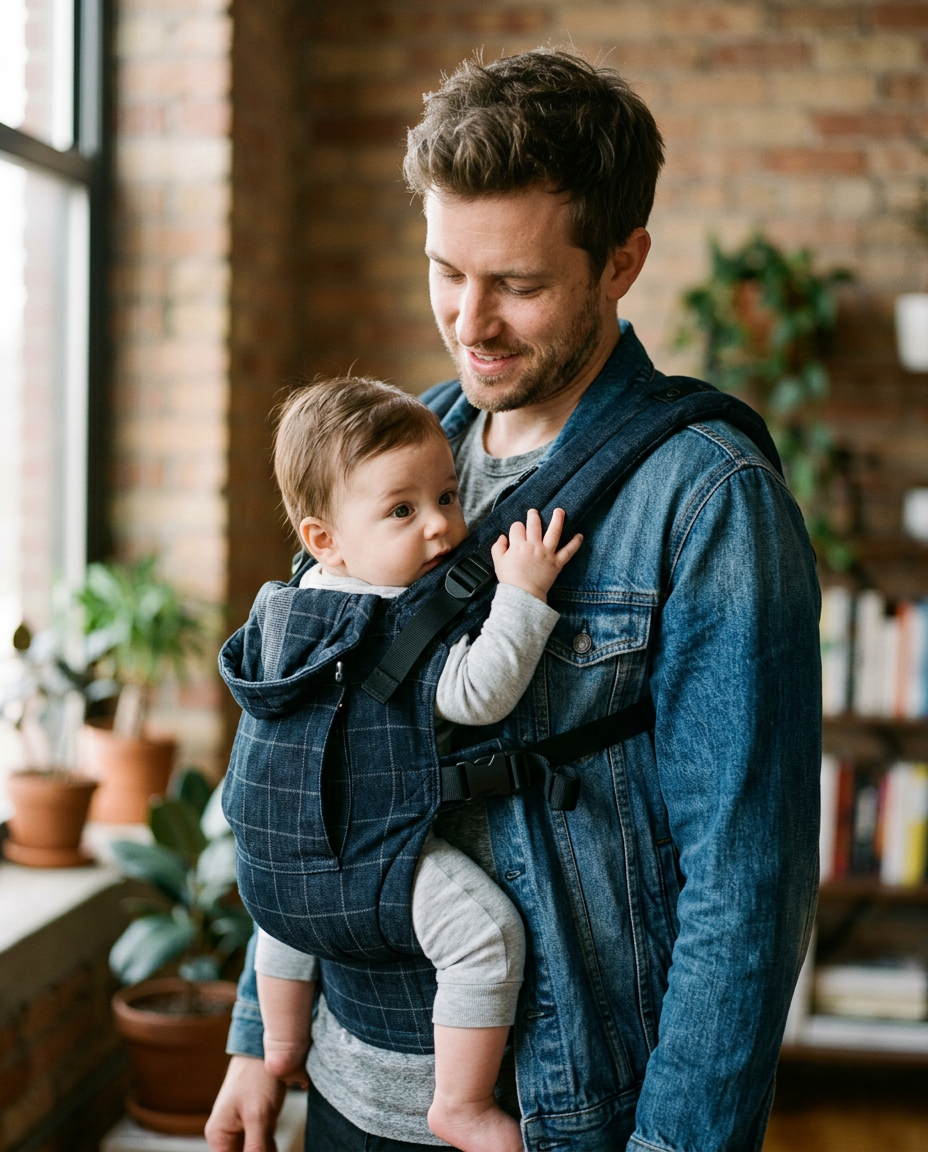 Newborn to toddler draught board baby carrier lifestyle photo