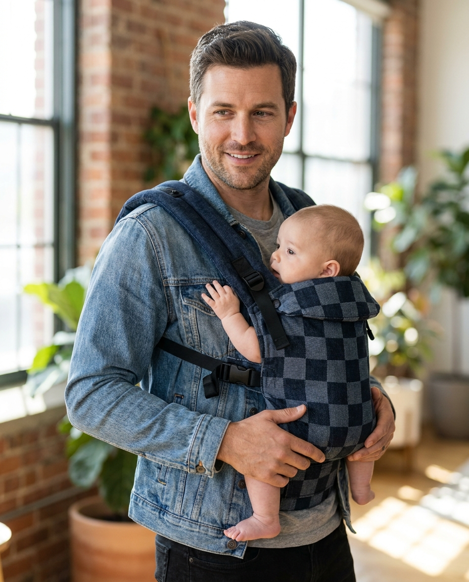 Close up of draught board checkered baby carrier fabric and buckles