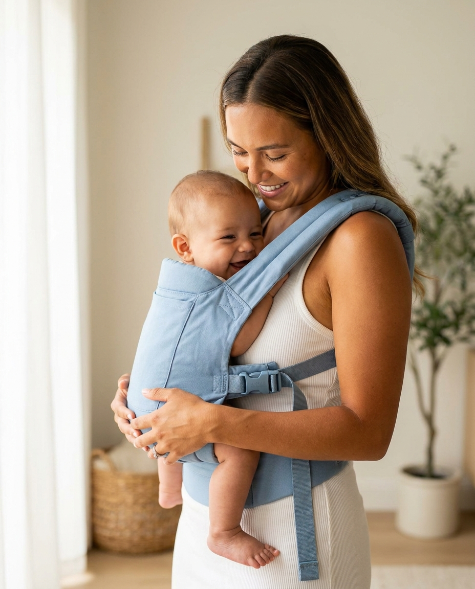 Newborn to toddler powder blue baby carrier lifestyle photo