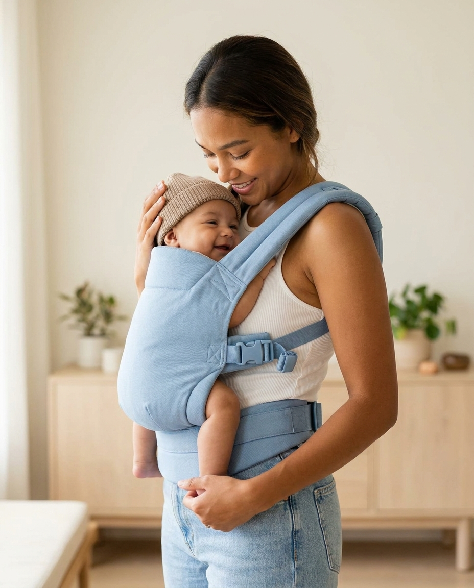Mother babywearing in powder blue soft structured carrier at home