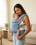 Mother wearing powder blue ergonomic baby carrier with baby facing inward