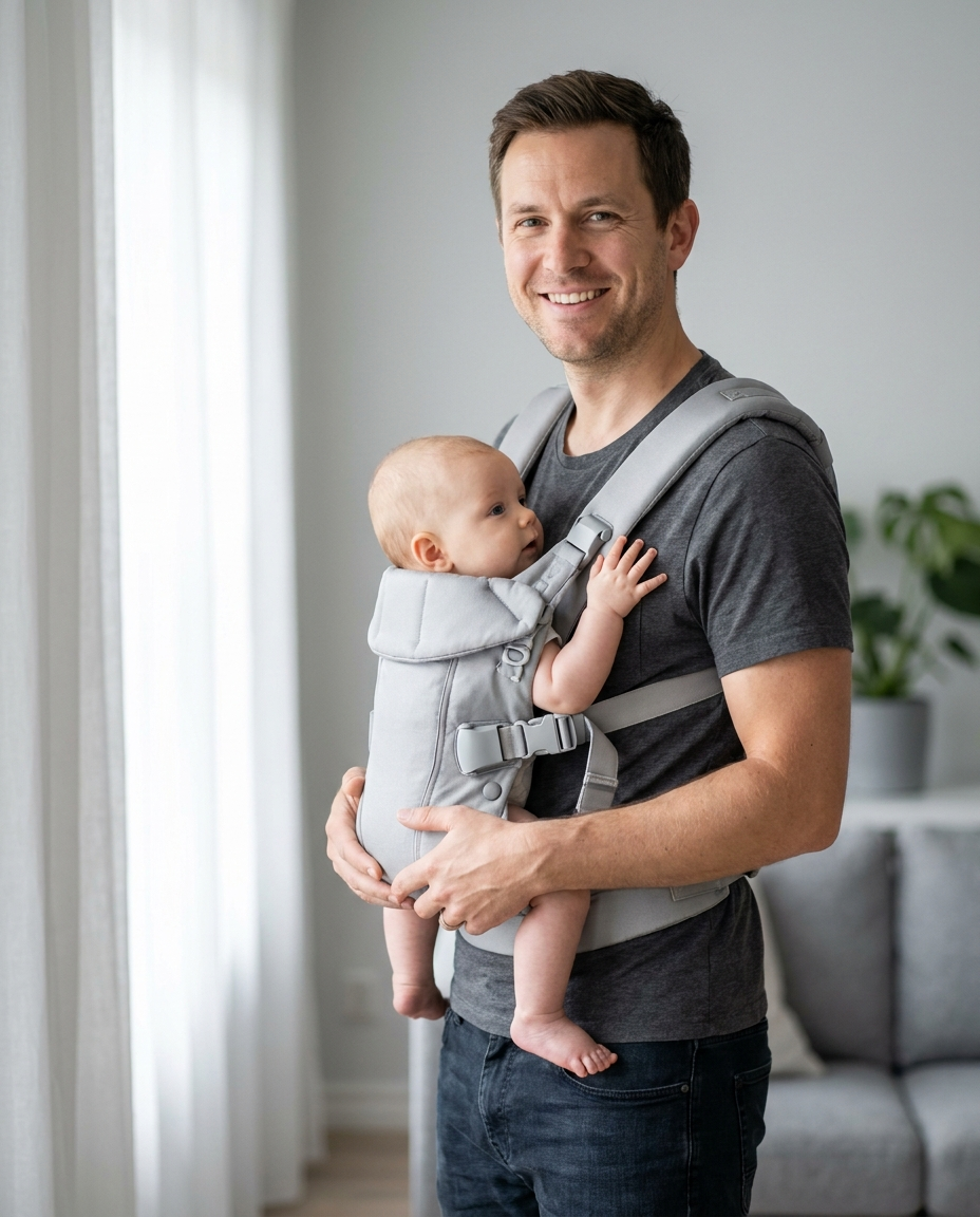 Close up of silver grey baby carrier fabric and buckles
