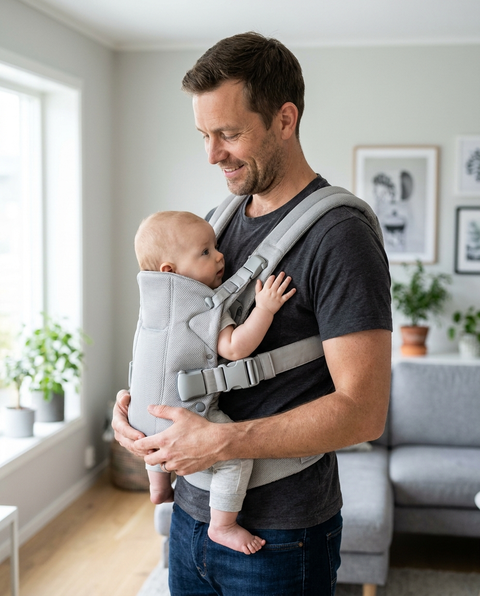 Father wearing silver grey ergonomic baby carrier with baby facing inward