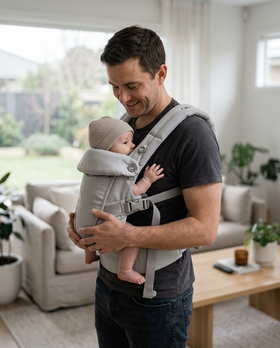 Newborn to toddler silver grey baby carrier lifestyle photo