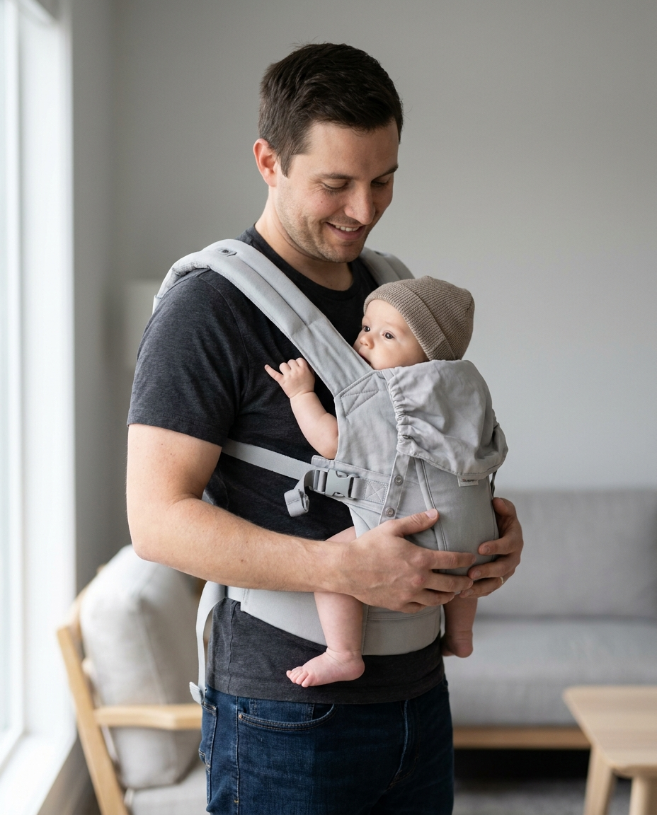 Father babywearing in silver grey soft structured carrier at home