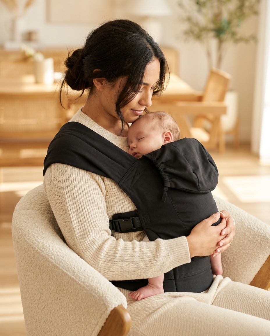 Mother babywearing in black soft structured carrier at home
