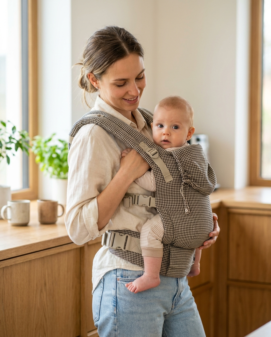 Close up of small-scale houndstooth baby carrier fabric and buckles