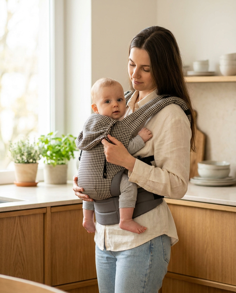 Mother wearing fine houndstooth ergonomic baby carrier with baby facing outward
