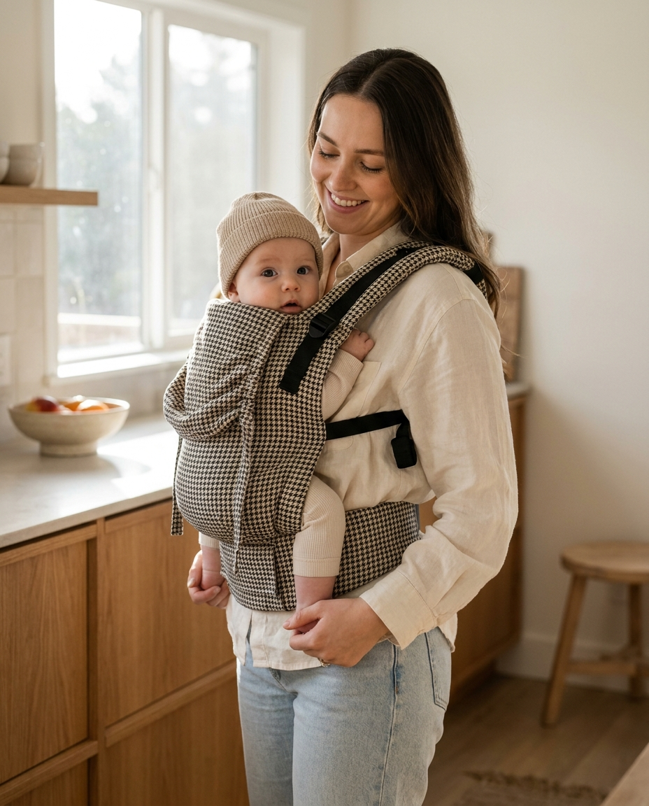 Mother babywearing in petite houndstooth soft structured carrier in kitchen