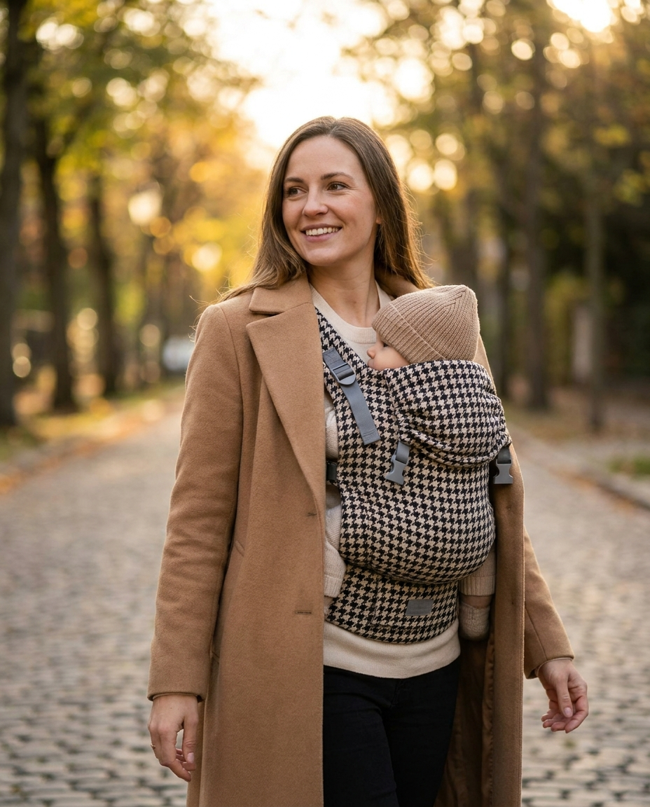Mother babywearing in grand houndstooth soft structured carrier on a street