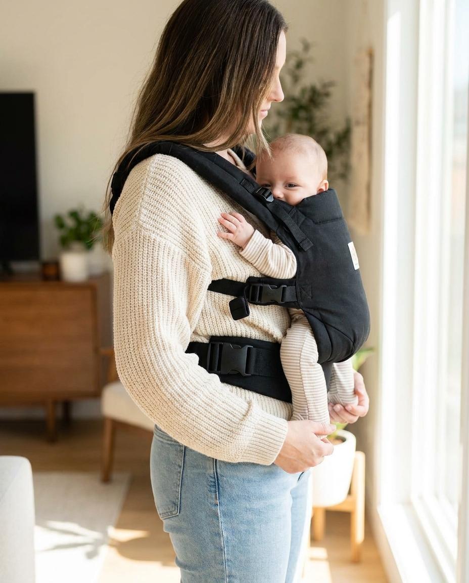 Newborn to toddler black baby carrier lifestyle photo